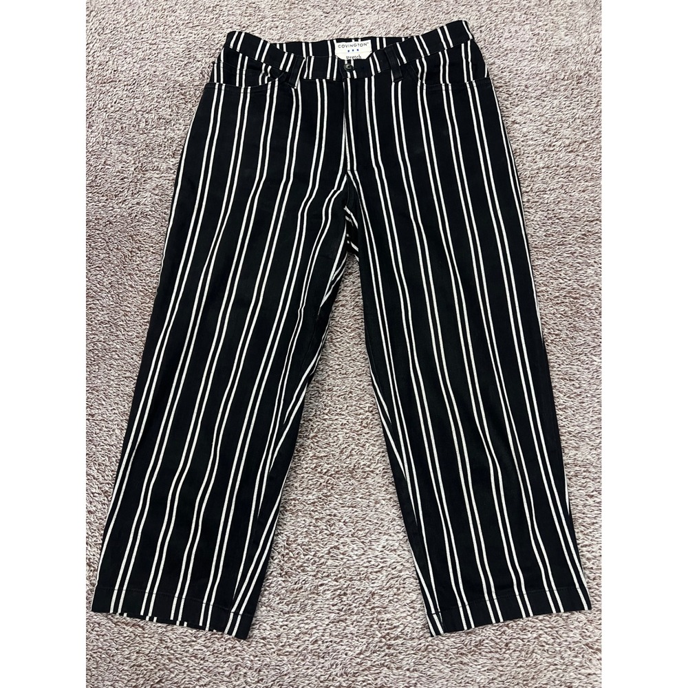 Covington Stretch Womens 8 Black White Striped Cropped Capri Pants Cotton